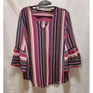 Notations Womens XL Multicolored Stripe Blouse Rainbow Vibrant Artsy Maximal Fun